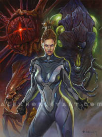 Sarah Kerrigan, in her deinfested human form, stands confidently with her arms at her sides, hands slightly raised. Behind her is a collage of Zerg characters, including Abathur on the right, the Overmind on the left, and a Hydralisk below them. Kerrigan wears a futuristic, skin-tight suit, and has dreadlocks tied up above her head. Abathur has long, slender limbs, a chitinous form, and glowing sacs around his body, while the Overmind is like a large, fleshy eye, with a plus-shaped, glowing pupil, surrounded by tentacles. The Hydralisk is grinning and has one scythe-like claw reaching outward.