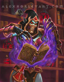 The Venthyr, Lady Darkvein, stands in front of a shelf filled with old tomes and blood-red potions. Smoky magic billows from her clawed hands, suspending a runed book in midair.