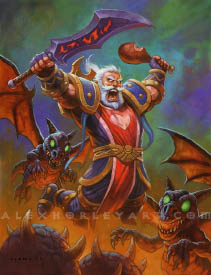Leeroy Jenkins, a Paladin with white hair, dives into a clutch of dragon whelps and their eggs, his sword raised in one hand and a drumstick with a bite taken out of it raised in the other, as if it is a weapon. He has a large moustache and full beard, as well as a ponytail. His thick plate armor has a gold trim and he wears a tabard with a heart on it, despite his open-mouthed, battle-ready expression. Below him, fire and embers rise up around the baby dragons and spiked eggs.