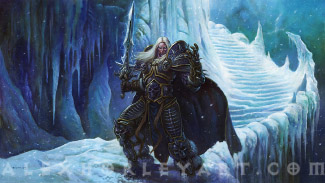 Arthas, the Lich King, raises a gauntleted hand, shown without his helmet. His hair blows in the wind and he glares forward with icy determination. He wields Frostmourne in his right hand, and he stands near the pinnacle of Icecrown Citadel, with a spiraling, iced-over staircase behind him. His cruel armor is rimmed with shining metal.