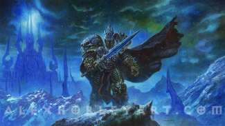 The Lich King, in full armor, stands atop a snowy outcrop with Frostmourne in hand. His cape flows to the right of the frame, with Icecrown Citadel standing stoically in the distance, shrouded in fog. Arthas' armor is festooned in icicles, skulls, and shapes reminiscent of a ribcage.
