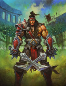 Lo'Gosh, Blood Fighter, depicts a stage in Varian Wrynn's life where he was a pit fighter for the Horde, known as Lo'Gosh. He stands stoically, with two swords crossed, looking forward. Around him is a huge coliseum-like arena, with hundreds of orcs cheering boisterously. Unlike his garb as King of the Alliance, he wears leather armor with spiked red plating, a studded headband, and his somber face is painted for war. However, his huge belt still includes his familiar gold and silver Lion motif.