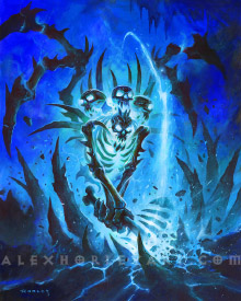 Lord Marrowgar, a beast made of bones, with 4 skull heads and spiny, empty wings, cleaves into the ground with his two-handed axe. The ground erupts with bone spikes and icy cracks. Within his ribgcage is a glowing mass of energy, flowing into his heads, and he is surrounded by faint cave walls shrouded in icicles.
