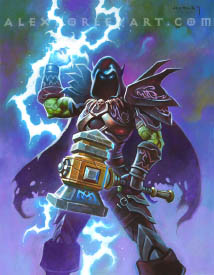 A hooded Maestra calls the power of lightning with one hand, set against a blue background, and wields an enormous hammer in her other hand.