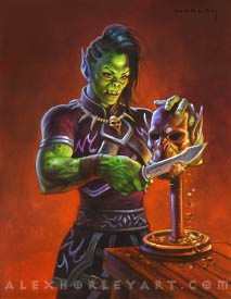 The young orc Maestra carves a wooden likeness of Garrosh Hellscream.