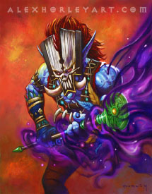 The Troll Master Galdrin fires shadow power from his staff.