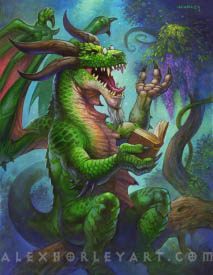 The Persistent Poet is a mature Emerald Dragon, holding a book in one hand with another hand raised, with his eyes closed and mouth open. It appears he is laughing at what he has just read. He has tiny spectacles atop his snout, and a white beard on his chin. He has four horns, two large wings, and a spined fin running across his underside. He sits on a branch as he reads a humble leather book, and the background appears to be the Emerald Dream, with beautiful plants, misty air, swirling vines and elegant trees around him.