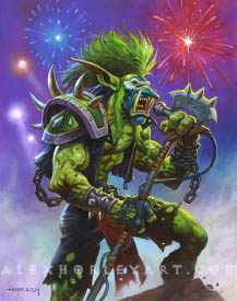 Rock Master Voone, a Troll with a huge mohawk, belts out a song into a microphone, wearing leather and the classic sparse metal plating of the Horde. He wears face paint, and his microphone has an axe blade at the top, with a hole underneath it for his hand to grip. There are fireworks bursting behind him.