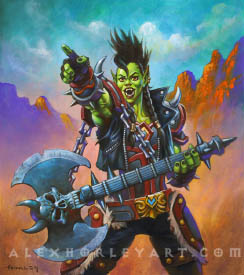 Rocker Rokara, an Orc, points forward, presumably towards a crowd, with a chained, axe-like guitar slung over her shoulder and held in one hand. She wears horde leather and spikes, and seems to have a friendly smile on her face as she calls into the crowd. Behind her are the craggy mountains of Durotar, and a peaceful sky.