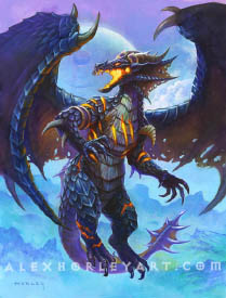 The black dragon Sinestra flies upright, midair, looking off to the side. She has visible, glowing claw marks across her chest.