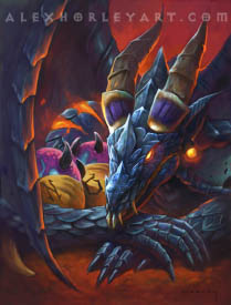 The black dragon Sinestra rests, guardian her eggs with her arms crossed in front of them.