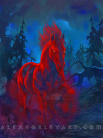 Sinrunner Blanchy, a ghostly horse, gallops through a foreboding woodland. Gnarled branches and sharp, leaning trees are in the background, and Sinrunner Blanchy has her eyes narrowed. Her body is mostly transparent, with her glowing red, ghostly form partially visible, showing powerful musculature.