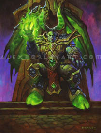 Tichondrius, a powerful Nathrezim, sits on a throne with a wide grin. He holds up a blaze of Felfire in one hand, which casts an eerie light across his face. He appears muscular and cruel, with glowing horns and hooves, his wings spreading out behind him. His armor is emblazoned with skulls, and his other hand rests casually on the arm of the throne.