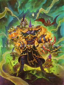 Rafaam, an Ethereal, is pictured triumphantly in the center of a group of Rafaam-like characters, perhaps alternate versions of himself in another timeline, bursting out of a portal. Among them is a bat Rafaam, a gnome-sized Rafaam, a snake Rafaam, and two large, menacing Rafaams, one with curved red claws and horns, the other with lavish ornamentation and armor plating. The group is emerging from a swirling portal, and Rafaam holds a staff with a shattered hourglass in the center of it. His arm wraps seem to be leaving his body, revealing the pure energy underneath as he overflows with power.