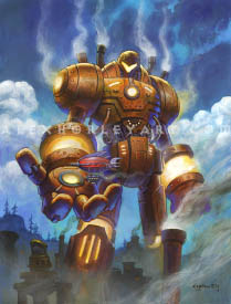 An enormous, humanoid mech towers above the landscape, its head and shoulders reaching into the clouds. It is made of bronze metal, and appears to be powered by glowing golden light. Its hand is open, with palm upwards, as a tiny horde zeppelin crosses over it, showing the Steamer's extreme scale. Heat and steam rise from its shoulders and back exhaust pipes, and in the lower parts of the frame, the top of a city with billowing smokestacks is visible underneath the huge mech.