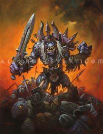 A veteran ghoul snarls and strikes an aggressive pose, sword held forward with the opposite fist clenched. The ghoul is muscular, but decayed, with visible ribs and leg bones, but has a strong, pale physique otherwise. It wears thick armor, with a bladed, open faced helmet and spiked pauldron.  In its exposed shoulder are three arrows which have sunk deep, but have not deterred the ghoul. The ghoul is striding across the remains of a battlefield, with armored bodies and broken weapons littering the ground.
