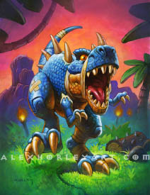 Toyrantus is a toy dinosaur in the shape of a Tyrannosaurus Rex, specifically a toy version of Tyrantus. They have a large head, a bandage on their upper thigh, and many of their joints have gaps and segments to indicate that they are assembled out of wood or plastic. They are stepping forward, and roaring with their mouth open. In the background is a sunset and soft grass, with rocky mountains, torches, bushes, and cutout shapes of palm trees behind Toyrantus.