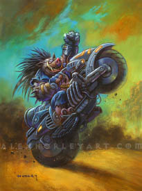 A quillboar with wraparound, monocular sunglasses glasses pulls a huge wheelie on a highly advanced motorbike. He is pumping one gauntleted, chrome fist in the air, and dirt is kicking up behind his motorcyle. He has a leather jacket with ripped off sleeves, fingerless gloves, and bare feet. From the top of his head, and running down his back, he has the large distinctive spines of a Quillboar. The motorbike has large, fat tires, and has glowing grooves on the front, matching his gauntlet, which has wires running from it towards the motorbike. The ground is sandy and rocky, as if he is enveloped in a sandstorm.