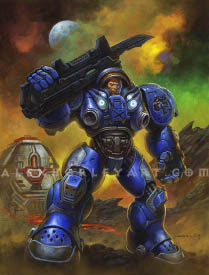 A painting of Tychus Findlay, a Space Marine, from Starcraft 2. He wears a huge suit of power armor, with curved plates evoking the shapes of musculature, on top of dense cables and ports. He rests a huge assault rifle with a bayonet on his shoulder, and his visor is open, showing his angry, clean-shaven face. On one of his shoulders is a decal of a a redheaded woman with a gun, set in front of a spade, similar to a decal one might see on a fighter plane. Behind him is a Terran building (perhaps a power plant), volcanic earth with flowing lava, and a moon in the sky.