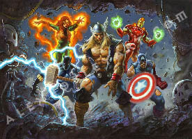 Five Avengers burst through a wall, with Thor at the front, his hammer crackling with lightning. Backing him up are Black Panther, Phoenix, Iron Man, and Captain America. They each look prepared to strike, having been through a battle already, with torn armor and clothes. In front of them, through the wall, are the shattered remains of Ultron's minions.