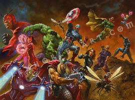 An ensemble painting of many different members of the Avengers, cresting a rocky landscape. Included are Captain America, Vision, Captain Marvel, Black Panther, Hawkeye, Ant-Man (on a flying bug), Black Widow, Wasp, The Incredible Hulk, Thor, Giant-Man, Scarlet Witch, and Iron Man. They all face the same direction, united, assembled, and ready for battle.