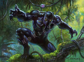 Black Panther climbs through a savage, cybernetic jungle, balanced on a branch, with one hand reaching forward in a clawed grip. His suit is skin-tight, with sharp claws at the ends of his hands and feet, and a ring of large fangs around his neck. He is pictured in what initially looks like a jungle, but the branches and vines are made out of cables and metal when examined closely. However, they still have moss and leaves growing on top of them, masking their true nature.