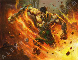 The hero Hercules Panhellenios strides confidently through an explosion, a determined smile on his face. Most of his chest is exposed, showing his musculature, with a strap across his body and a Greek-inspired tunic underneath, with studded leather bands around his legs. He has a metal helmet framing his face, which is open at the top, showing his black hair and beard, and hefts a gilded mace, swinging it through the air as fire blazes around him.