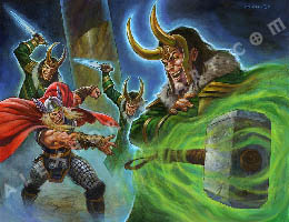 Thor throws his hammer at his brother Loki, while Loki laughs. Thor's hammer seems to pass through him harmlessly. Behind Thor, two illusory clones of Loki, wielding glowing daggers, raise their weapons to slice at Thor. Around them is a dreamlike haze, showing Thor is surrounded by Loki's illusions.