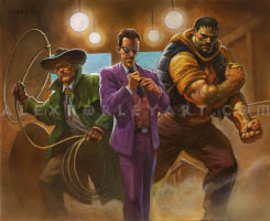 A group of three men in brightly colored, anachronistic garb, showing up in a dusty bar. The man on the left has a lasso, cowboy hat, and moustache, the skinny man in the middle wears a colorful suit and sunglasses and is adjusting his tie, and the burly man on the right wears a down vest and hoodie with the sleeves rolled up, clenching his fists. In the background are cheap lights from the bar, and an overturned wooden table. The three of them look threatening, but slightly goofy and out-of-place in a modern bar.