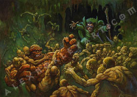 A cloaked man with a staff spreads his arms wide, commanding hordes of hairless, fanged people to swarm The Thing  of the Fantastic Four. Some of the men are wrapping themselves around The Thing, behaving as a swarming collective. Their leader with the staff, the Mole Man, wears robes and a tall cowl, and has opaque glasses with small, horizontal slits, and the men he commands wear similar glasses. The scene takes place in a dimly lit, grungy cave, full of stalactites.