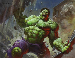 The Hulk rips into concrete and steel, pushing a giant stone slab above his head, and crushing an i-beam in one hand. His muscles are stretched and tense, with veins popping out of his skin, showing his strength in the midst of the destruction. He appears to be screaming in rage as dust and chips of stone rain around him. Behind him are crumbling structures and huge clouds of dust, settling after the mayhem.