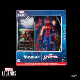 A product photo of a Spider-Man action figure with a matching Magic: The Gathering card packed alongside it. The action figure, matching the illustration, is of Peter Parker wearing a ripped and torn Spider-suit. One of his arms is almost fully visible, with just the glove remaining from the suit, and some of his hair is poking out from a torn section of his mask. Included in the box are several different attachable hands with alternate poses, and an unmasked head.