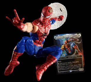 An image of the Spider-Man action figure unboxed, posed to match the illustration on the Magic card, pictured in the lower right. Spider-Man is jumping through the air, with one hand outstretched to sling a web, and the other holding a shield made of webbing behind him.