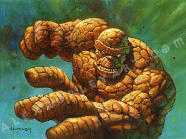 The Thing, of the Fantastic Four, winds up for a massive haymaker, with his right fist back and his left hand outstretched. He is pictured fairly close up, with the rocky texture of his tough skin visible. There is a glint in his eye as he aims his punch directly in front of him.