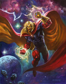Adam Warlock brandishes the Infinity Gauntlet, with lightning and energy surrounding his fists. He flies through space, with planets, asteroids, and nebulae visible around him. His cape flows majestically, and he looks directly at the viewer with glowing eyes.