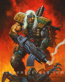 Cable stands over a destroyed automaton, smoking rifle in hand. One of his eyes is glowing, and his hair is long and white, with slight stubble visible on his chin and upper lip. His armor is padded and somewhat crude, reminiscent of something scavenged post-apocalyose, and his vest has many pouches for various kinds of munitions. He has a tattered, flowing cape, and a flamethrower on his back. The gun he holds in front of him is quite large and futuristic, with a curved magazine poking out from the side.