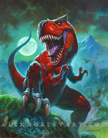 Devil Dinosaur, a huge tyrannosaurus, stands with one leg atop a grassy mound, roaring at the viewer, with a full moon behind them, as well as a prehistoric, mountainous landscape.