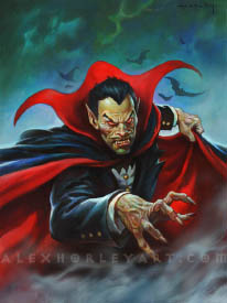 Dracula reaches forward with a wizened hand. He has slicked back hair, a suit, and a red cowl, and is set against a misty sky with bats overhead.