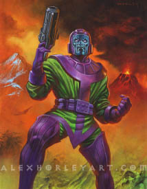 Kang stands menacingly in a colored space suit, with his face visible through a transparent visor. He holds a massive pistol in one hand, his other hand clenched in a fist. He is juxtaposed against an erupting volcano and other mountains.
