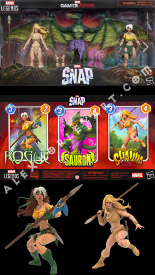 A combined set of images of 3 action figures, modeled after Alex Horley's original art for Marvel Snap's Savage Land variants. On the top is a picture of the three figures, Shanna, Rogue, and Sauron (a bipedal Pterodactyl, in contrast to the two women beside him) in the unopened packaging. Below it is an image of the three cards with the figures superimposed on top of the art. The final image in the set is a close-up of the Rogue and Shanna figures, with both of them draped in tattered garb, with wild hair and wielding spears.