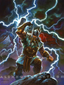 Odin climbs a boulder with his hammer raised up high, gathering bolts of lightning around it. He has one glowing eye showing through a shining, winged helmet. He wears a mix of cloth and leather armor, with a huge belt, with his upper arms and fingers exposed. His beard is gathered into three braids with metal adornments throughout. Behind him is a snowy mountain and roiling, stormy clouds.