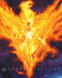 The Phoenix Force appears as a roiling, fiery shape, as an enormous Phoenix with spread wings on the outside, with the shape of a woman on the inside, looking at the viewer with a white-hot flame in one hand. The Phoenix Force is in space, with stars and nebulae in the background.