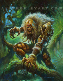 Sabretooth appears half human, half beast, kneeling in a treetop and grasping a branch in the foreground with a clawed hand. His fangs are visible in his open jaw, and he has long hair with a cloth headband. He wears little clothing other than a furred collar, bracers, and wrapped teeth in a necklace, along with a pauldron of an animal skull. 