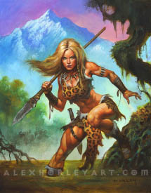 Shanna holds a spear, wearing leopard pelts. She is stepping down into a swamp, but has her eyes fixed firmly forward, ready to strike. Her spear and garb look to be fashioned out of makeshift tools.