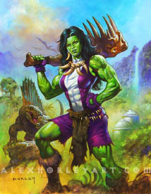 She-Hulk stands stoically, one hand on her hip, the other holding a toothy weapon on her shoulder, in a prehistoric landscape. She wears sleeveless shirt and pants cut off at the legs, and looks angry, green muslces bulding, and has a necklace of fangs. Behind her is a waterfall and a dimetrodon, a dinosaur with 4 legs and a fanned crest on its back.