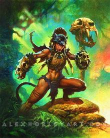 Shuri strikes a martial pose, arms spread wide, with a headdress made of a panther's head, and fist weapons made of panther skulls. She has long dreadlocks, and wears a loincloth and cropped leather shirt. In the background there is a pole with a panther skull on it, amidst a verdant jungle.