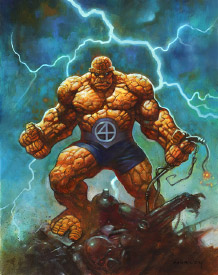 The Thing stands atop a mound of twisted metal parts as lightning crashes behind him. His arms are spread out at a low angle and his fists are clenched. His skin is made of flesh-colored stone, and he wears shorts with the mark of the Fantastic 4 emblazoned in the center.