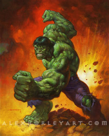 The Hulk thrusts a fist forward amidst a fiery, volcanic environment. He appears angry, of course, with his other fist pulled back at the ready, muscles rippling. He wears his signature torn purple pants. 