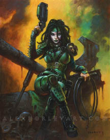 Viper sits confidently on a pile of rubble, wearing a post-apocalyptic themed outfit over a bodysuit. She holds a gun above her head and a whip in the other hand. Her outfit includes bands of studded leather, small spikes, and what appear to be hockey pads on her knees and shins. Her facial expression indicates confidence, but is partially obscured by her dark dreadlocks.