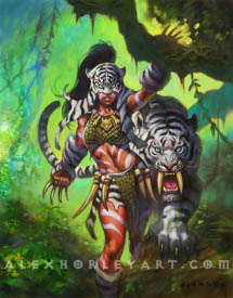The hero White Tiger walks through the jungle, with a fearsome white tiger beside her. The upper half of her face is obscured by a tiger mask, and she is covered in white tiger pelts and scaled armor, with white stripes painted across her body. She walks in stride with the tiger to her left, and has sharp claws fastened to her gloves. 